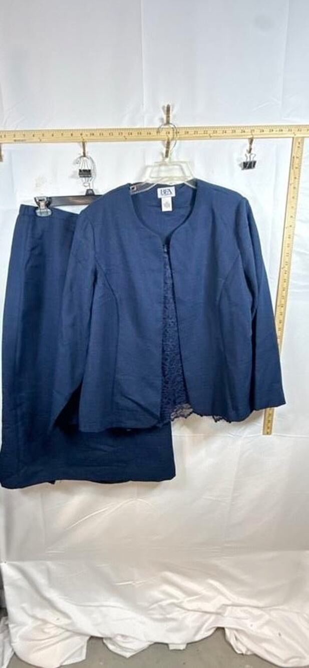 BFA Classics Womens 3 Pc Skirt Suit Set 22W Navy Blue Lace Jacket Cami Maxi Dres